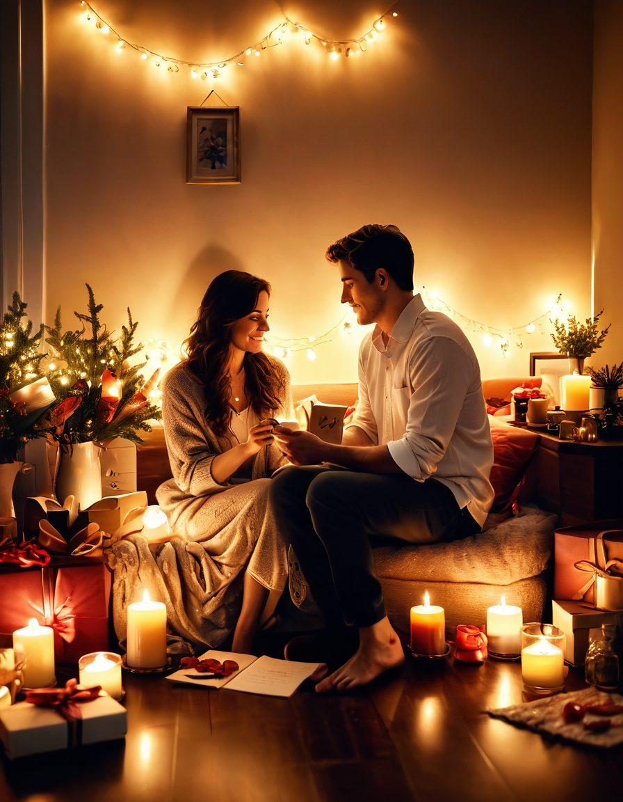 A beautifully arranged scene depicting a cozy, candle-lit room filled with heartfelt gifts like handcrafted items, love letters, and romantic decorations. Include a couple exchanging loving glances, surrounded by soft fairy lights and a warm, inviting atmosphere. Emphasize intricate details of the gifts and the emotional connection between the couple. soft focus. warm colors. romantic ambiance.