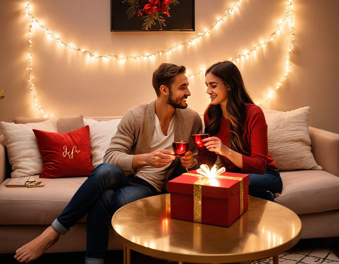 A cozy living room setting adorned with twinkling fairy lights, featuring a couple sharing a heartfelt gift exchange. The atmosphere is warm and intimate, highlighted by soft hues of red and gold. Include elements like a beautifully wrapped box, handwritten love letters, and glasses of red wine on a small coffee table, symbolizing love and connection. super-realistic. vibrant colors. warm lighting.