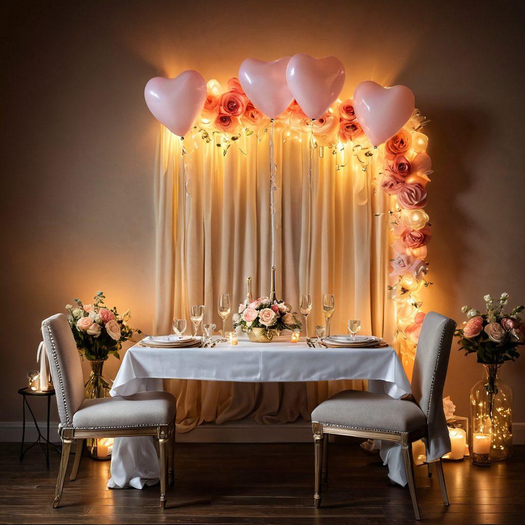 A cozy candle-lit dinner table set for two, draped with soft, romantic colors and delicate floral arrangements. Include heart-shaped balloons floating above, soft fairy lights twinkling in the background, and a bottle of champagne with two elegant glasses. Capture a dreamy ambiance that evokes feelings of love and connection. super-realistic. vibrant colors. warm lighting.